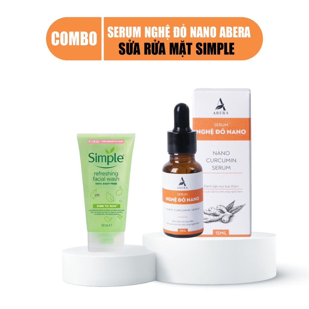 Serum mờ thâm Nghệ Đỏ Nano ABERA &amp; Sữa Rửa Mặt Simple - 15ml