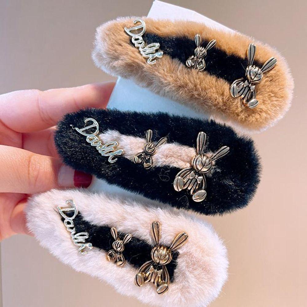 Kẹp Tóc Kim Loại Phối Lông In Chữ Phong Cách Hàn Quốc Thanh Lịch Cho Nữ