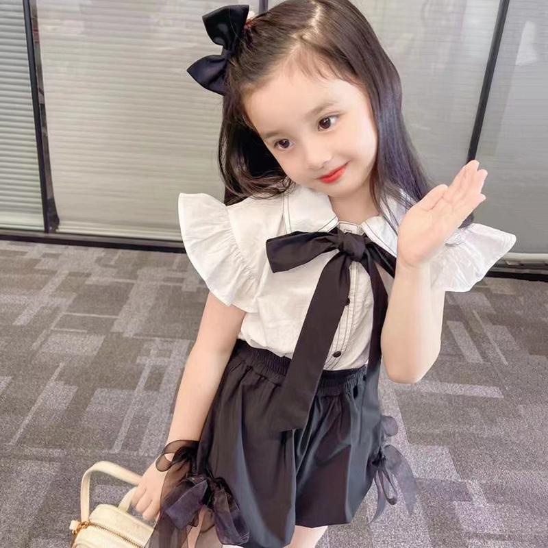 Bộ áo sơ mi tay cánh tiên đính nơ với quần đùi thời trang mùa hè xinh xắn dành cho bé gái