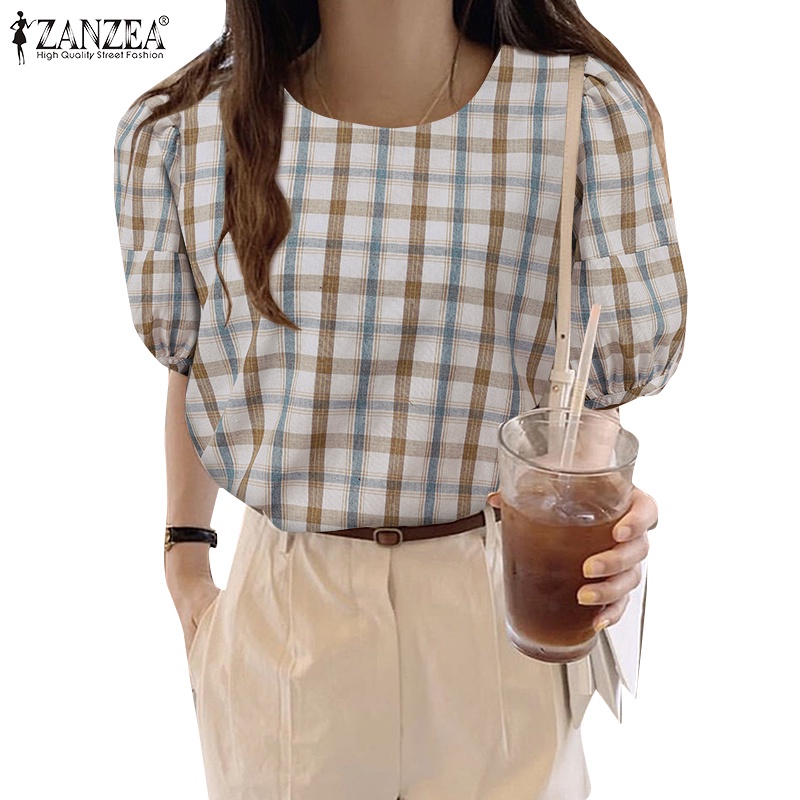 ZANZEA Áo Kiểu Cổ Tròn Tay 3/4 Họa Tiết Kẻ Ô Thời Trang Cho Nữ