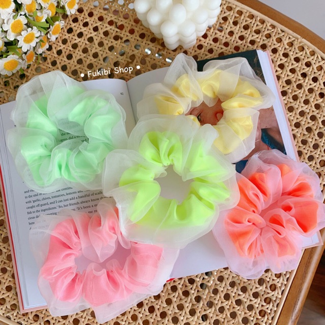 CỘT TÓC VẢI, SCRUNCHIES 2 LỚP DẠ QUANG KÈM ẢNH THẬT