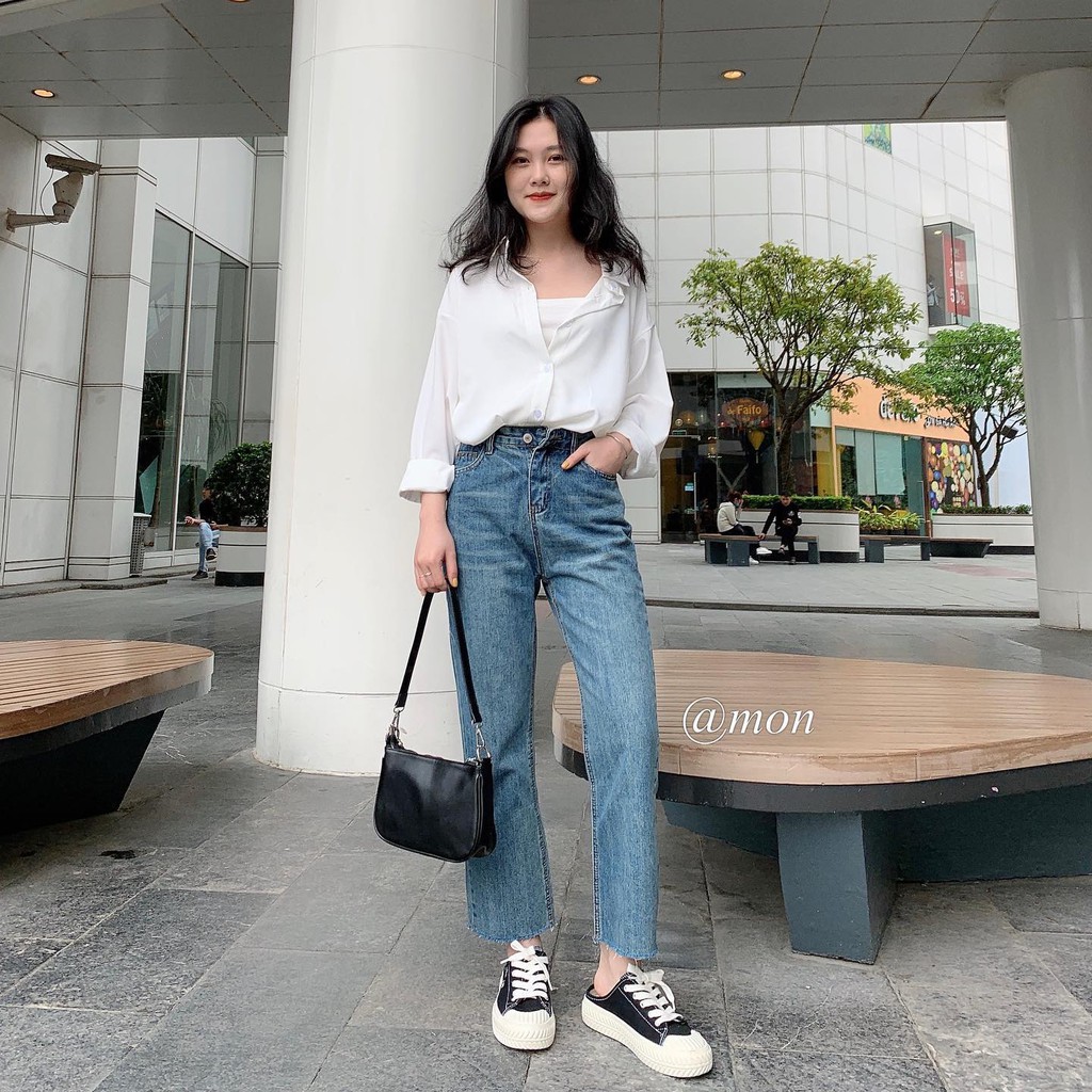 2101349 Quần jeans nữ ống đứng form vừa dáng basic ulzzang màu xanh vintage có size