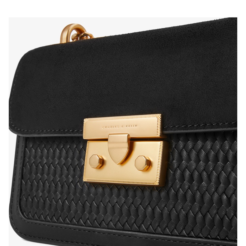 Charles and KEITH CK2-80700798 Túi Xách Dáng Vuông Nhỏ Kẻ Sọc Ca Rô Phối Dây Xích Cá Tính Cho Nữ