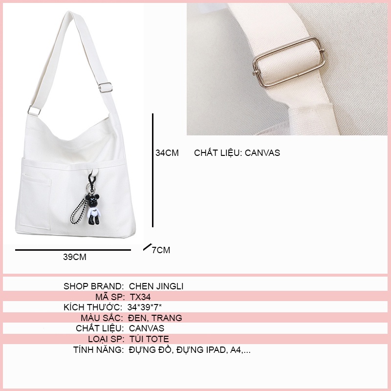 Túi tote đeo chéo đeo vai đi học vải canvas nữ CHEN túi vải a4 đựng laptop sách vở ulzzang tặng kèm sticker TX34