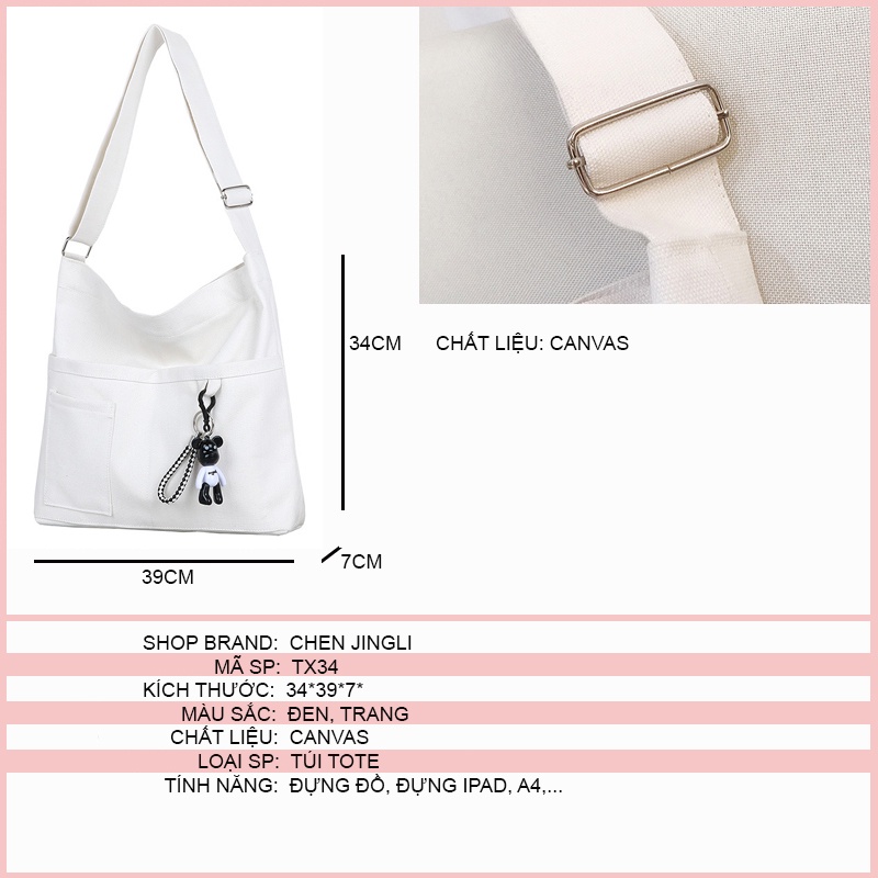 Túi tote đeo chéo đeo vai đi học vải canvas nữ CHEN túi vải a4 đựng laptop sách vở ulzzang tặng kèm sticker TX34