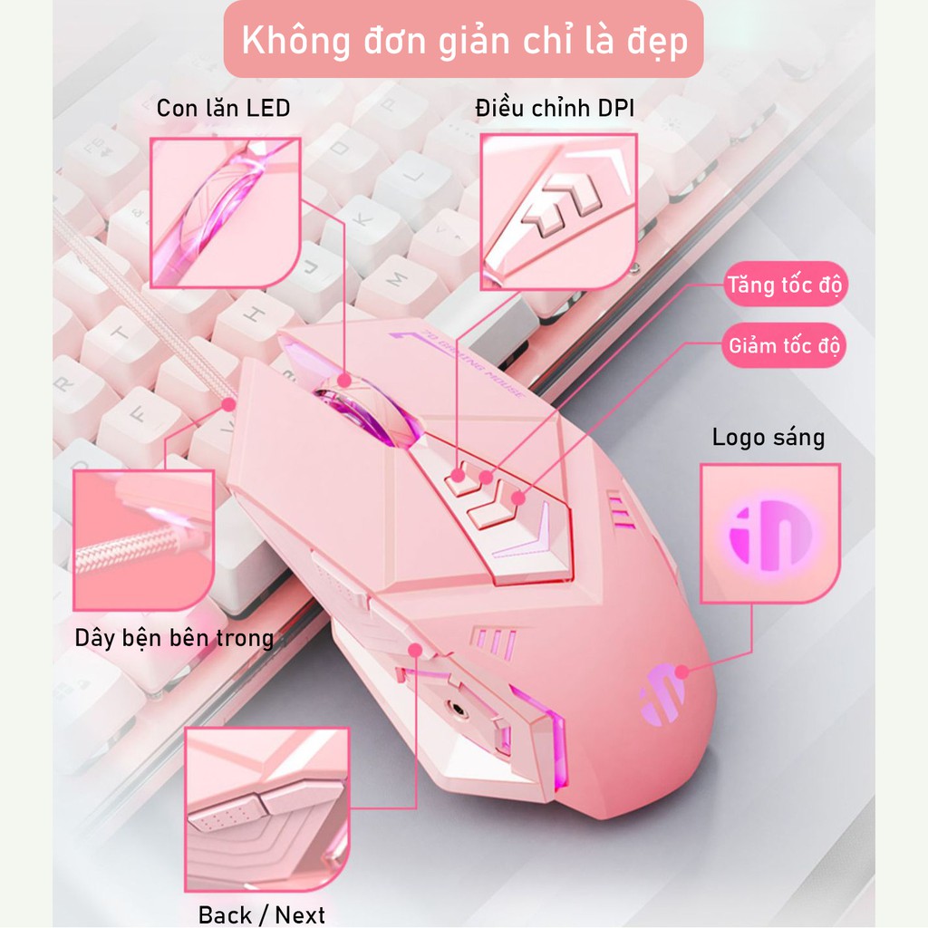 Chuột Máy Tính Màu Hồng Gaming SIDOTECH Inphic W5P Tắt Âm Silent Chơi Game Cho Streamer 4000 DPI Siêu Nhạy - Chính Hãng