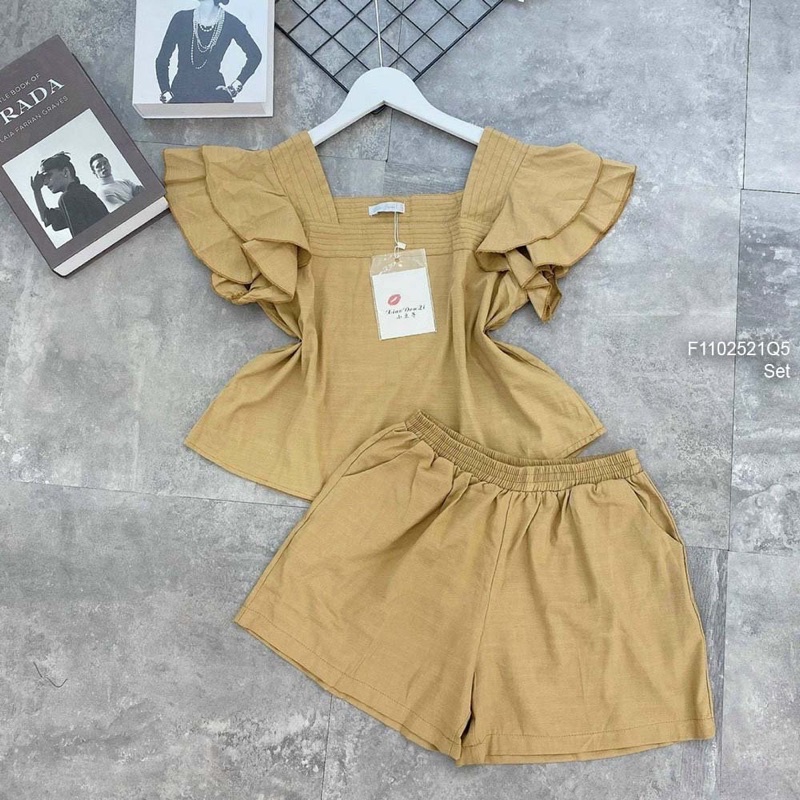 Set bộ lụa chéo đùi áo cổ vuông tay cánh tiên s1002