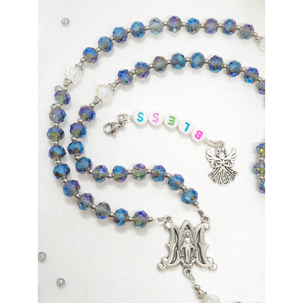 Chuỗi mân côi pha lê đính mề đay Huyền Nhiệm nhập Ý thiết kế handmade MOONGEM, tràng hạt quà tặng Công Giáo
