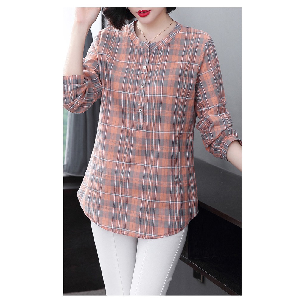 Áo sơ mi caro tay dài kích thước rộng phong cách phương tây dành cho nữ