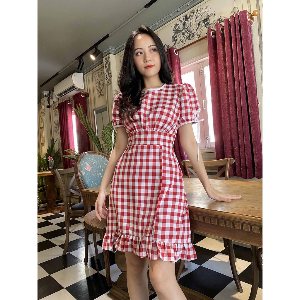 Đầm caro đỏ công sở thiết kế xòe bánh bèo dễ thương tay ngắn xinh thời trang trẻ trung đi làm đi chơi eo tôn dáng