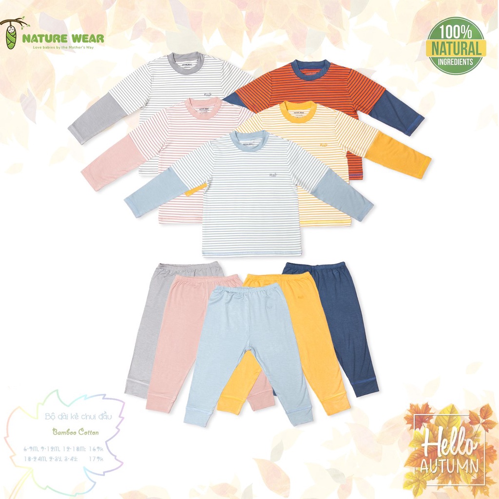 [CHÍNH HÃNG] Bộ dài tay chui đầu bamboo cotton thân kẻ trẻ em thu đông 2021 Nature Wear