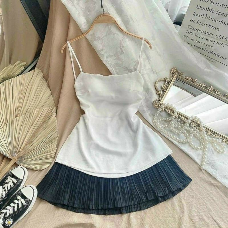 Set áo 2 dây hở lưng+ chân váy xếp li