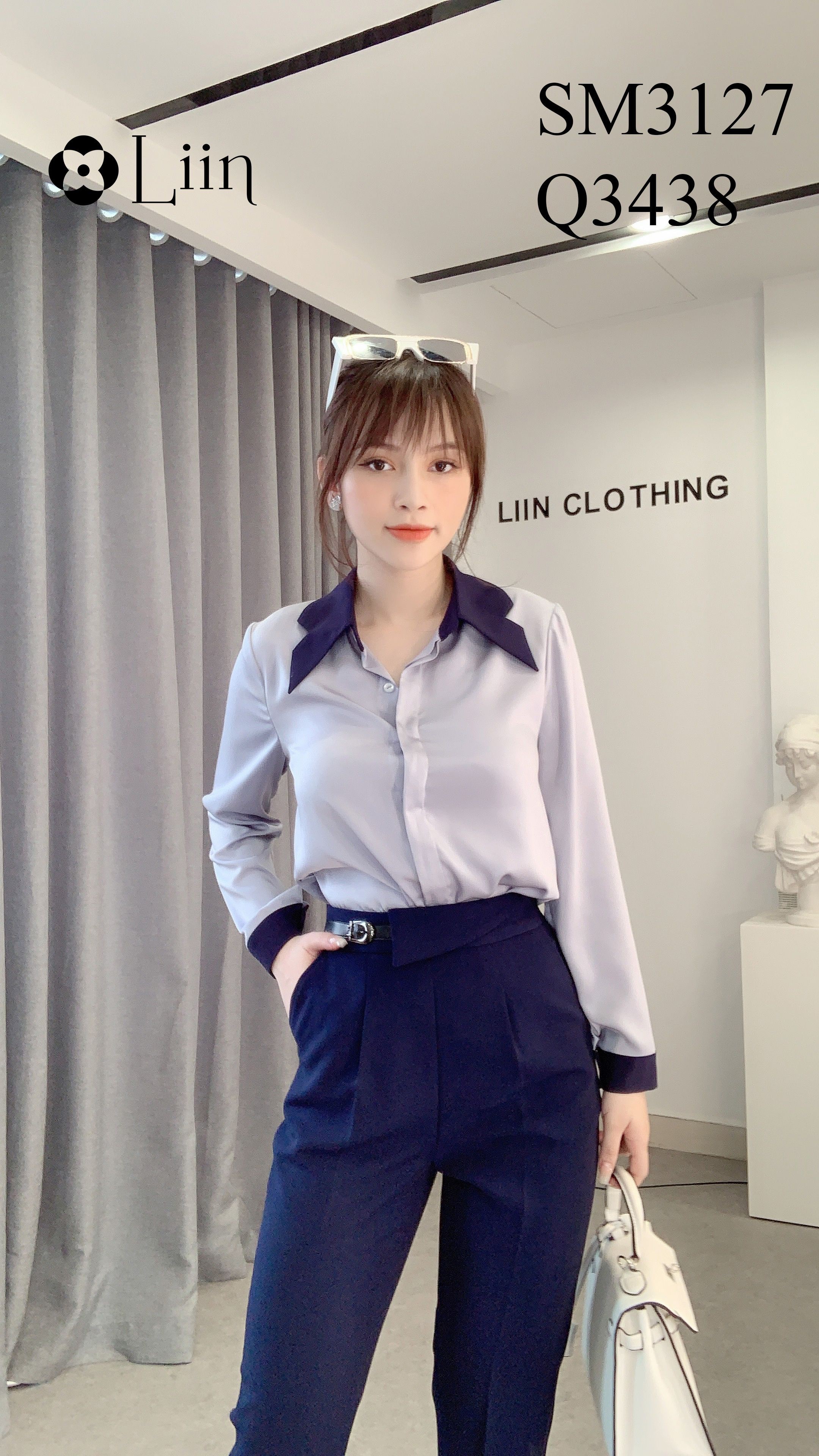 Áo sơ mi nữ cao cấp màu Ghi kết hợp Cổ Đen sành điệu Liin Clothing SM3127