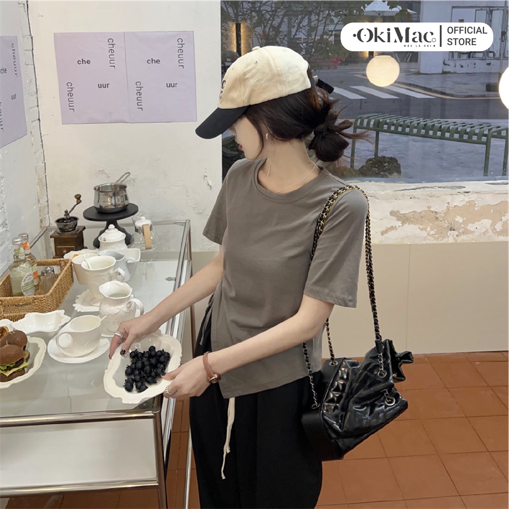 Áo thun nữ OKIMAC tay ngắn cổ tròn tay ngắn rút eo vạt nhọn thun cotton phong cách ulzzang thời trang nữ
