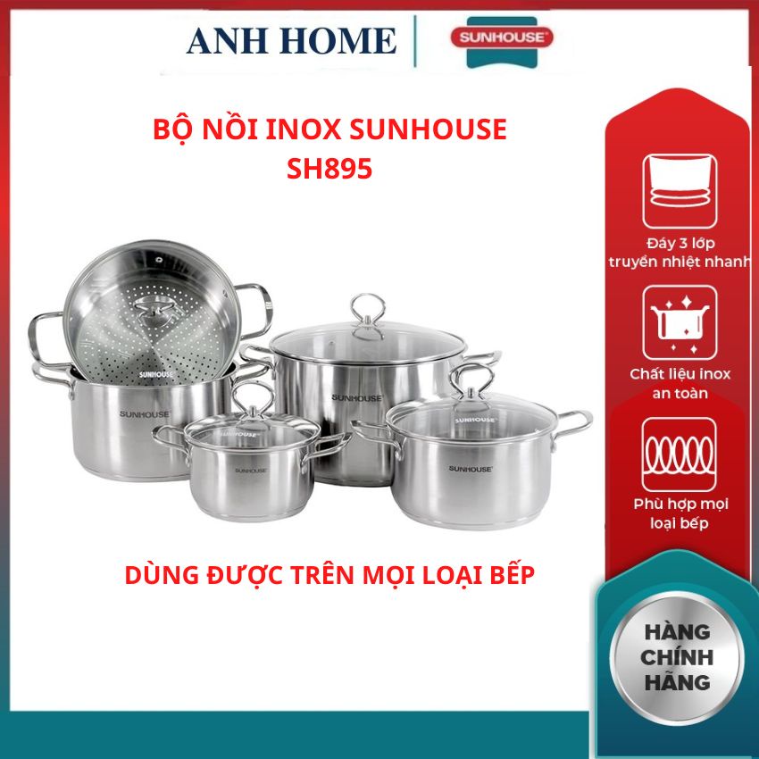 Bộ nồi xửng inox 5 đáy từ SHG507 Sunhouse vung kính cường lực chịu nhiệt dùng tốt trên bếp từ - HAPOS