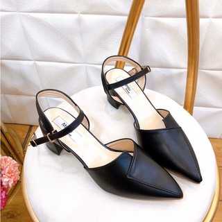Giày sandal nữ cao 5p Bánh bèo, giày cao gót nữ thời trang mũi nhọn đế vuông màu đen và kem