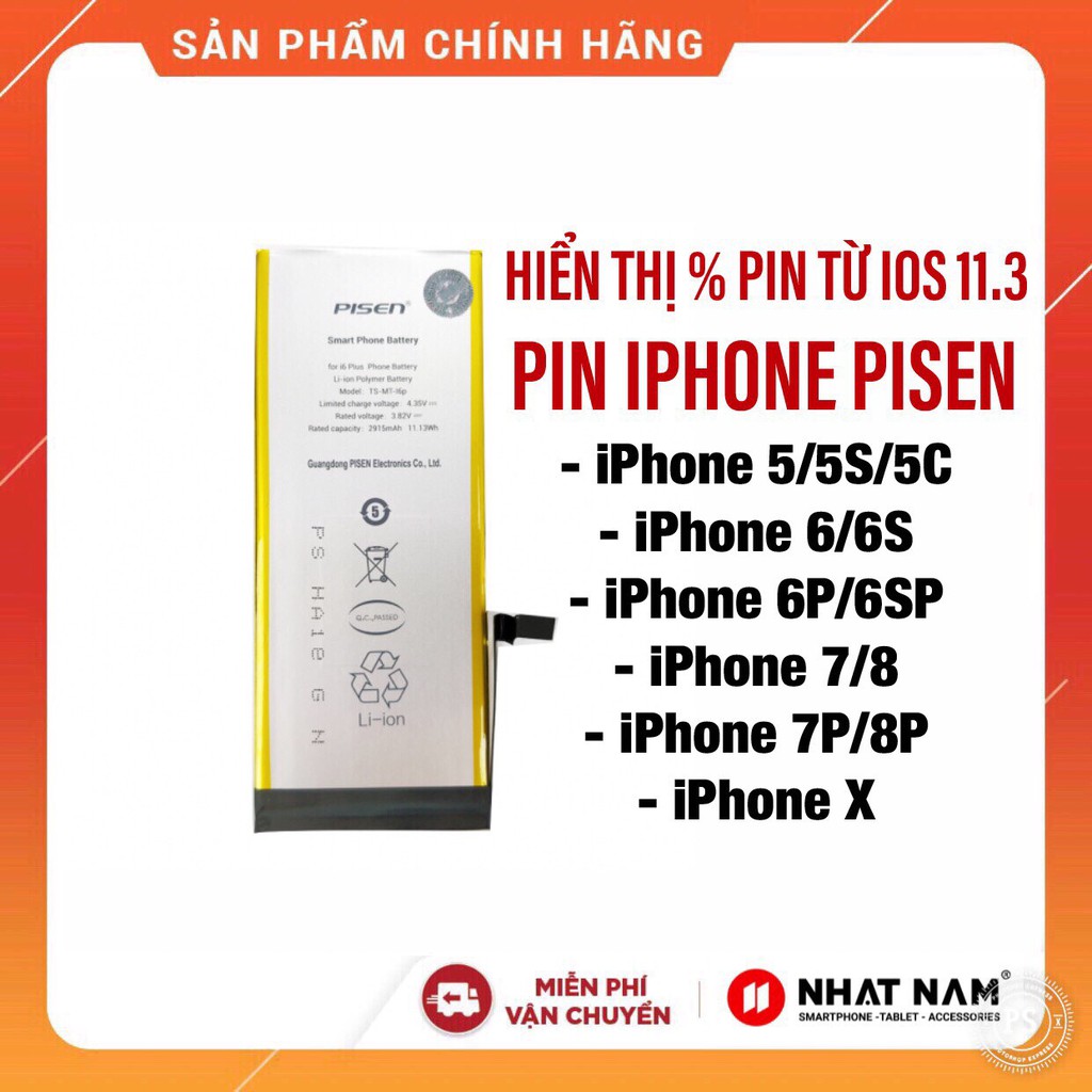 Pin iPhone 5/5s/6/6s/6p/6sp/7/8/7plus/8plus/X Chính Hãng Pisen - Tặng kèm tuavit và keo dán pin, BH Toàn quốc 12 tháng