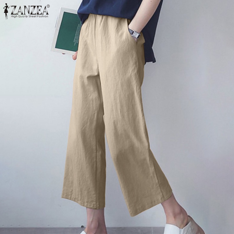 Quần ZANZEA ống rộng lưng cao màu trơn thời trang cho nữ