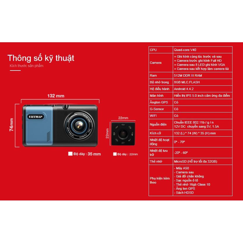 Camera Hành Trình VietMap A50 quay hai mắt trước và sau kiêm lùi , bản đồ dẫn đường Vietmap S1