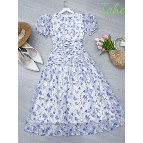 Váy dài hoa xếp ly thiết kế cao cấp dáng xòe vải voan cao cấp Tahe V122