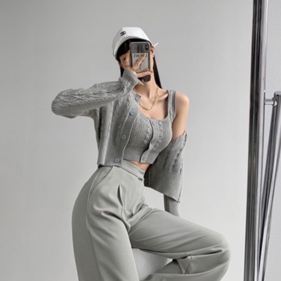 Porozi Set trang phục hai món  áo kiểu hai dây và áo khoác cardigan dệt kim phong cách Hàn Quốc thời trang dành cho nữ