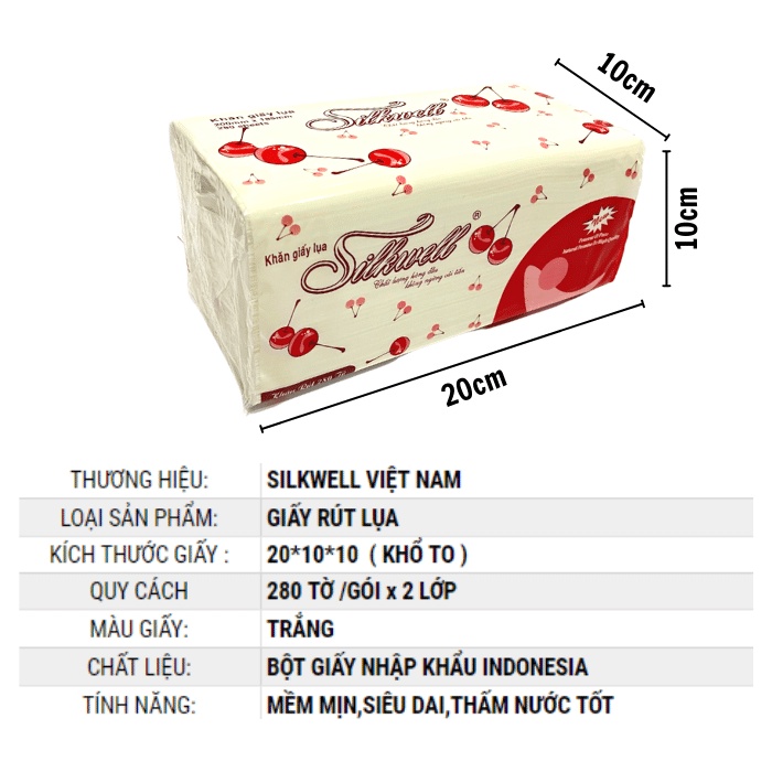 Khăn giấy ăn rút lụa Silkwell 280 tờ 2 lớp Cherry mềm mịn không tẩy trắng