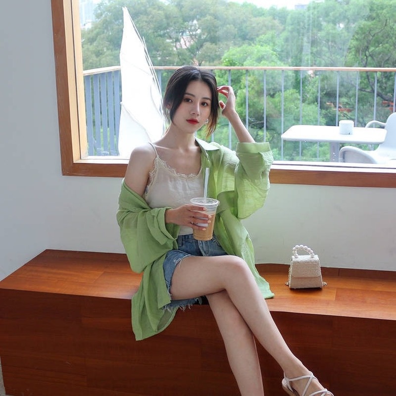 Áo Sơ Mi Khoác Ngoài Chống Tia UV Dáng Rộng Phong Cách Hàn Quốc Cho Nữ