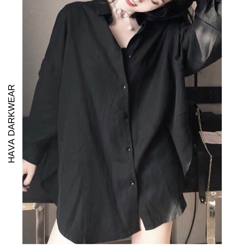 Áo sơ mi đen chất kate mềm mát vạt chéo lưng form suông rộng cá tính ASM24