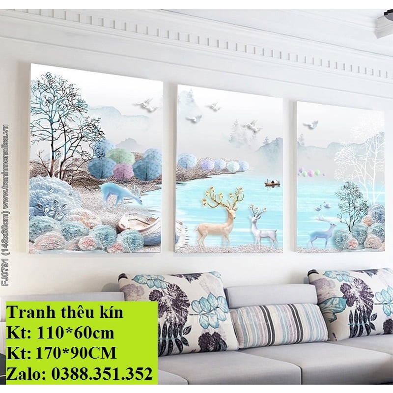 Tranh thêu chữ thập hươu tài lộc bộ 3 bức thêu kín