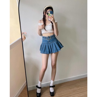 Chân váy xòe xếp ly DENIM có thắt lưng