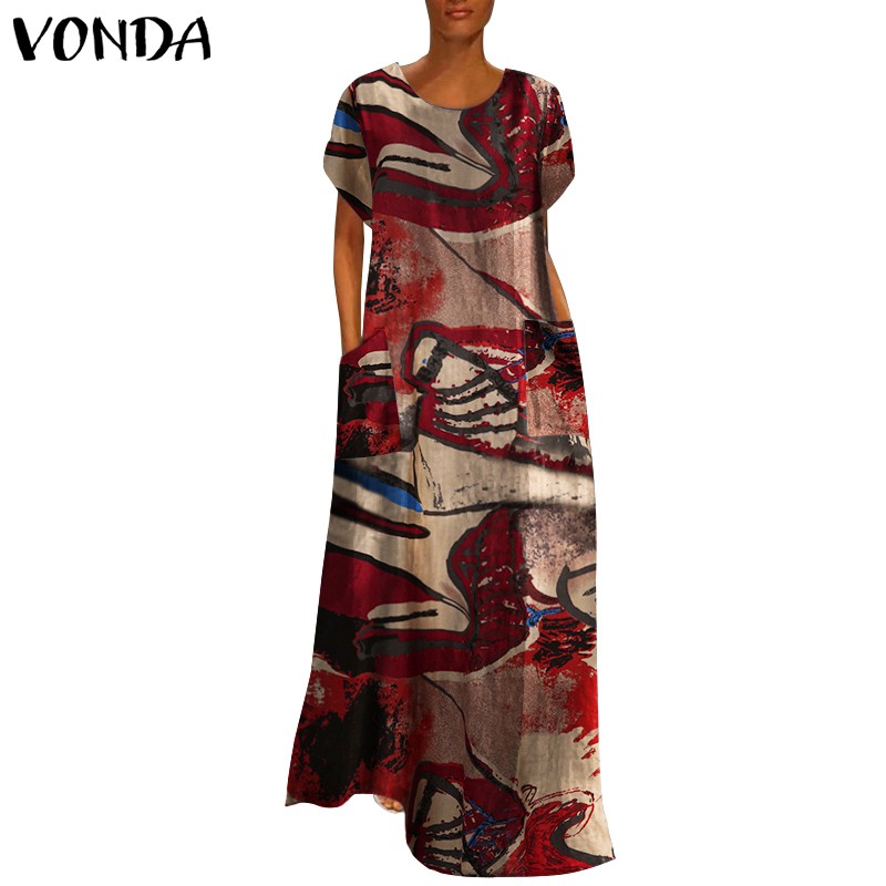 Đầm Maxi VONDA Tay Ngắn Hoạ Tiết In Phong Cách Bohomian