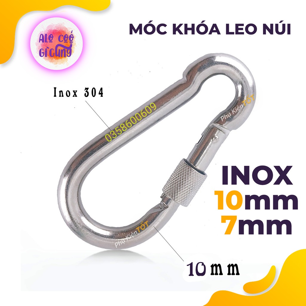 Móc Khóa Leo Núi , Dã Ngoại , Treo Võng Inox 304 Nguyên bản Chịu Lực Tốt loại, Khoen móc kéo 10mm và 7mm