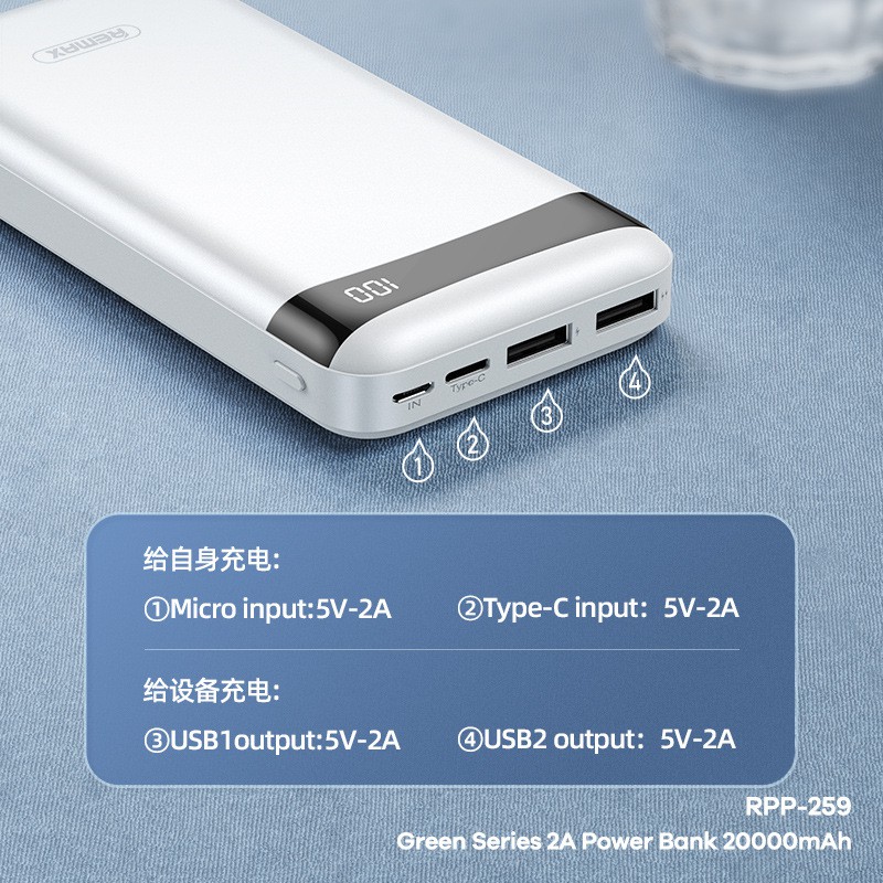 Pin sạc dự phòng Remax RPP-259 20000mAh Green Series, 2 cổng input / output - Hãng phân phối chính thức