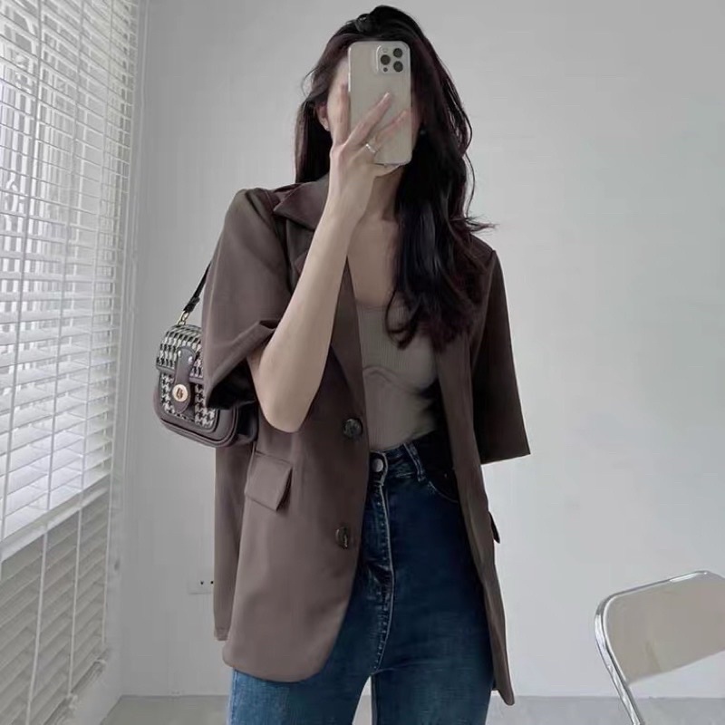 Blazer tay ngắn một lớp nữ chất không nhăn lên form đẹp | BigBuy360 - bigbuy360.vn