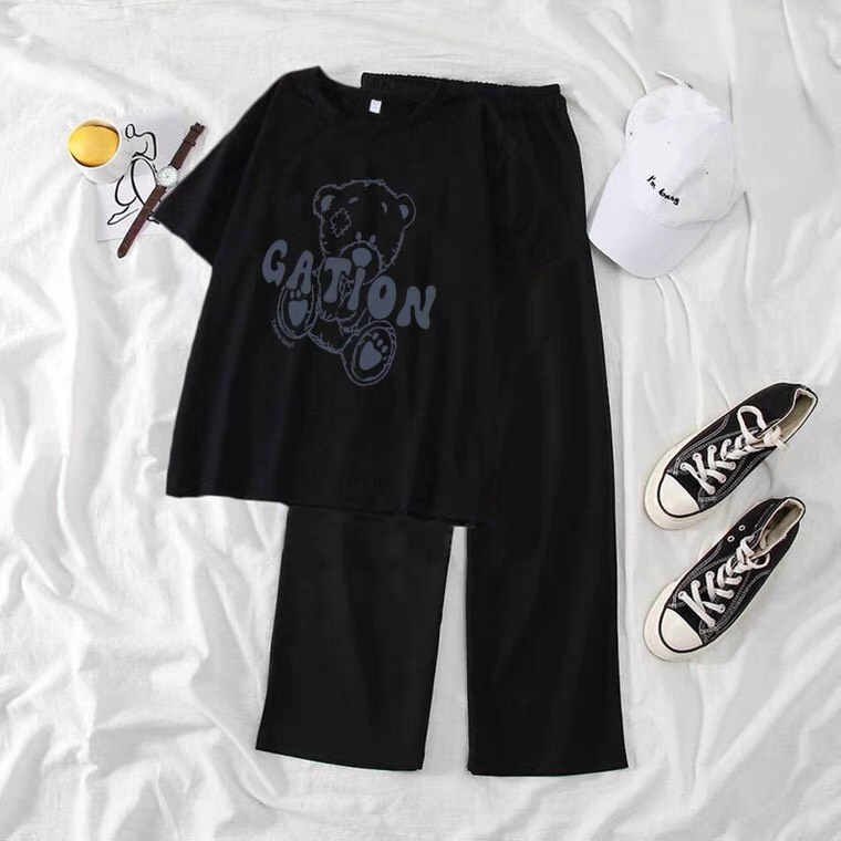 Sét Áo Gấu Gation + quần suông trơn, Áo thun from rộng, Chất đẹp không xù, quần suông ống rộng, Sét bộ mặc ở nhà - MODY