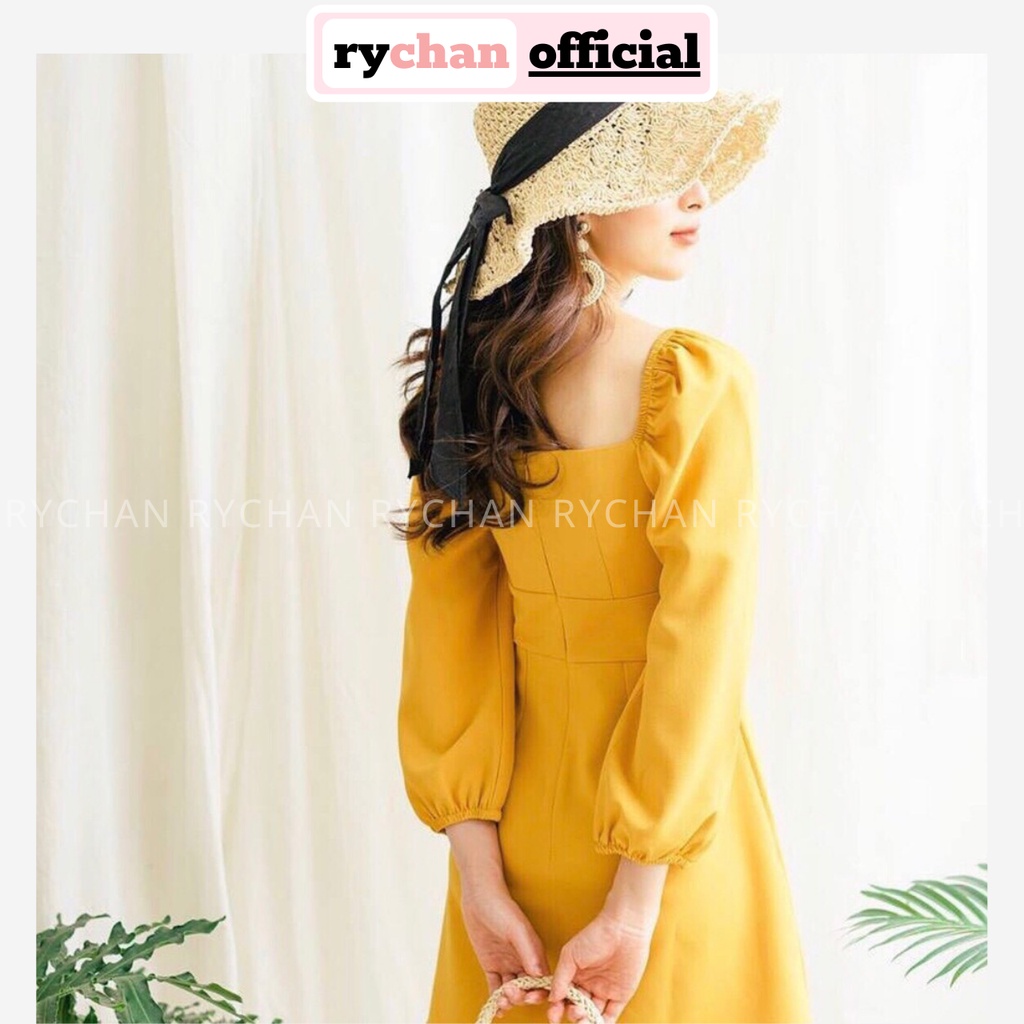 DX891 - Đầm Xòe Cổ Vuông Nhún Ngực Đầm Vàng Đi Chơi Đầm Đi Chơi Trẻ Trung