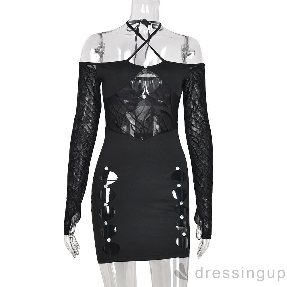 Đầm ôm dáng tay dài có dây đeo cổ phong cách đường phố thời trang xuân thu cho nữ