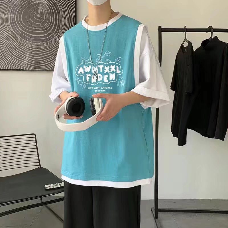 Áo Thun Tay Ngắn Giả Hai Lớp Form Rộng M-5XL Thời Trang Mùa Hè Cho Nam Và Nữ