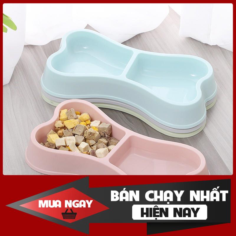 Giao hỏa tốc - Bát ăn cho chó mèo 2 ngăn hình xương - Chén đựng thức ăn, uống nước cho chó mèo