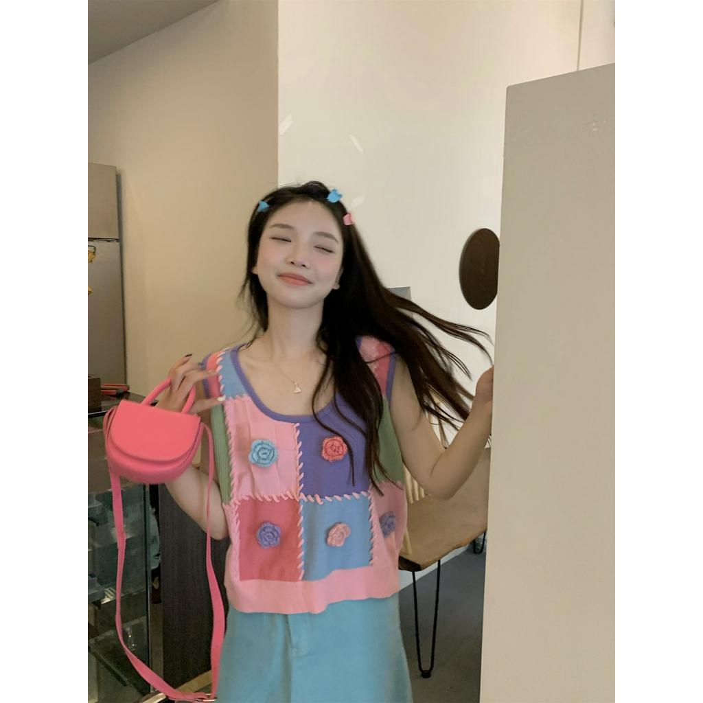 Áo Dệt Kim Ba Chiều Sọc Ca Rô Màu Tương Phản Dễ Thương 62120