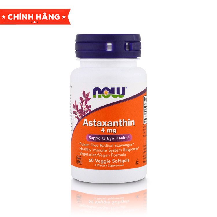 Viên uống Vitamin NOW Astaxanthin (4 mg) nhập khẩu Mỹ chống oxy hóa, nguy cơ ung thư, lão hóa, điều trị suy giảm thị lực