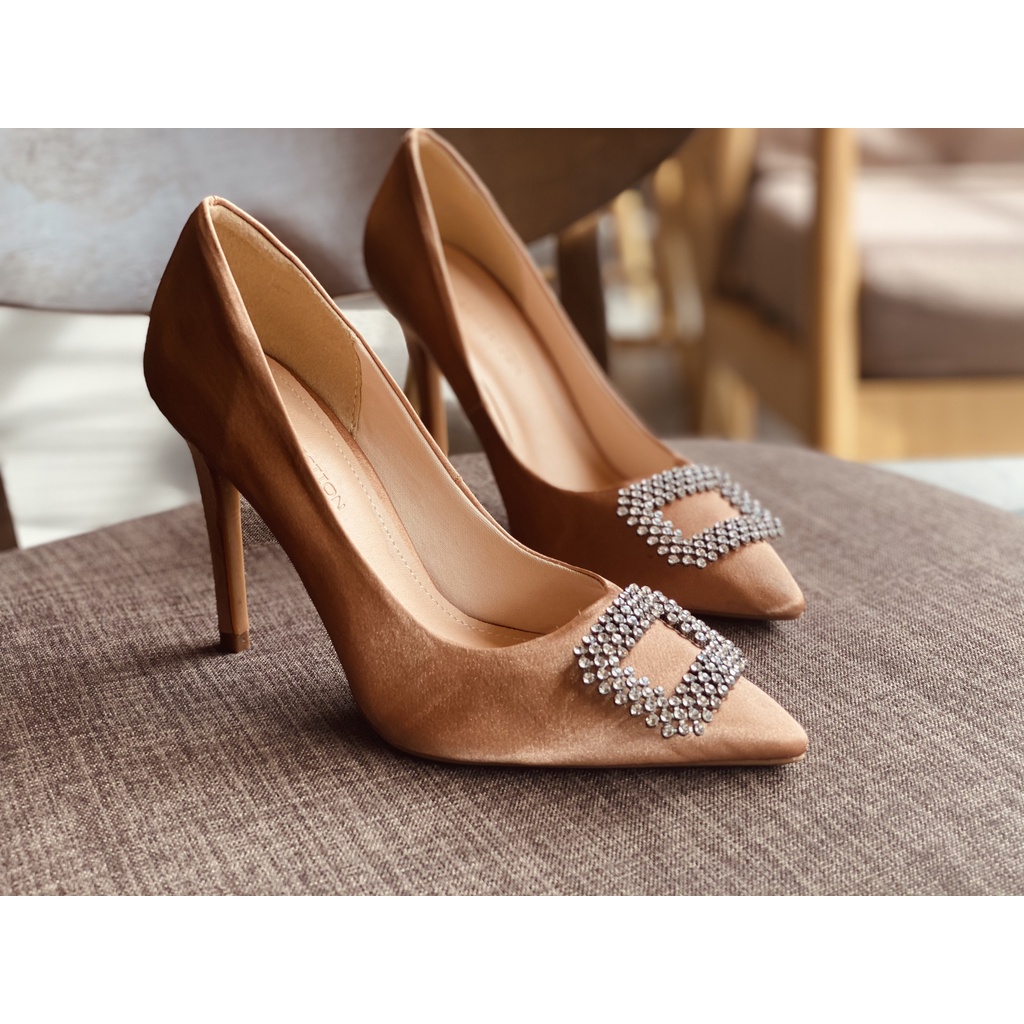 Giày Cao Gót Bít Mũi Nhọn, Gót Nhọn Pumps Màu Trắng - Đen - Nâu Êm Ái Đính Đá Hoa Sang Trọng Cho Nữ Dự Tiệc Cao 9 Phân