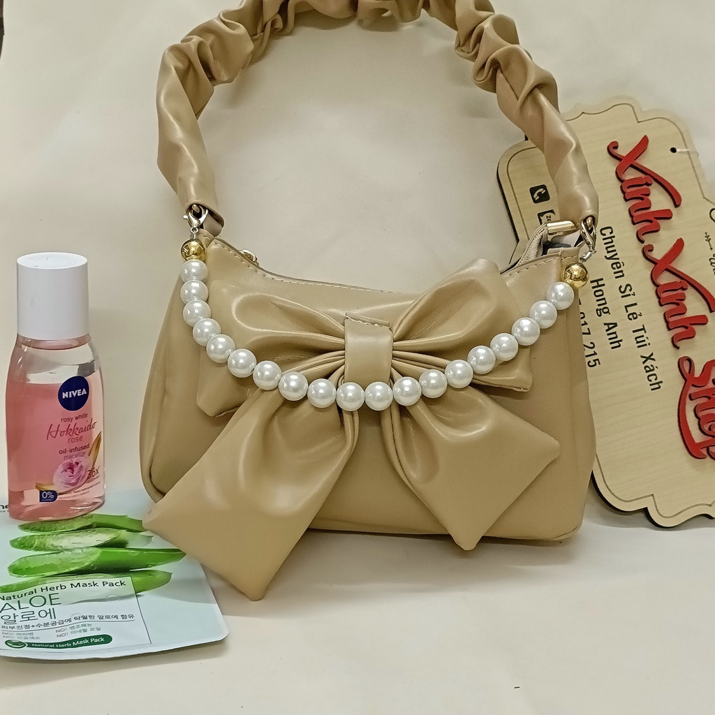 Túi Đeo Vai Kẹp Nách Quai Rúm Hình Nơ Kèm Chuỗi Hạt Siêu Xinh, Túi Xách Nữ Phong Cách Thời Trang Hàn Quốc M48