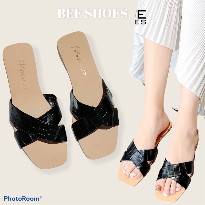 BEE SHOES - DÉP NỮ MŨI VUÔNG QUAI CHÉO TRƠN - DÉP NỮ MŨI VUÔNG DA MỀM ÊM CHÂN - CÓ SẴN ĐEN 210506