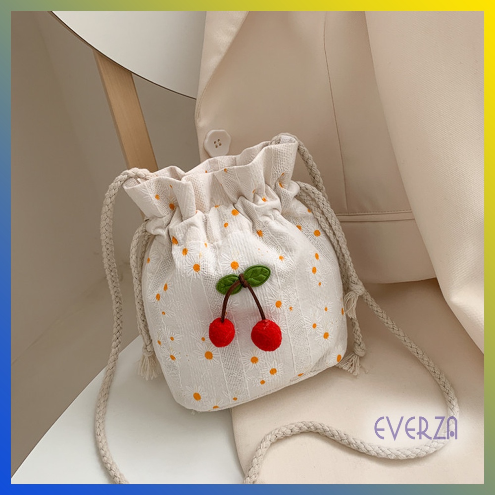 Túi Đeo Chéo Vải Canvas Dây Rút Quả Cherry Nhỏ Xinh Họa Tiết Hoa Ngọt Ngào Cho Nữ EV39