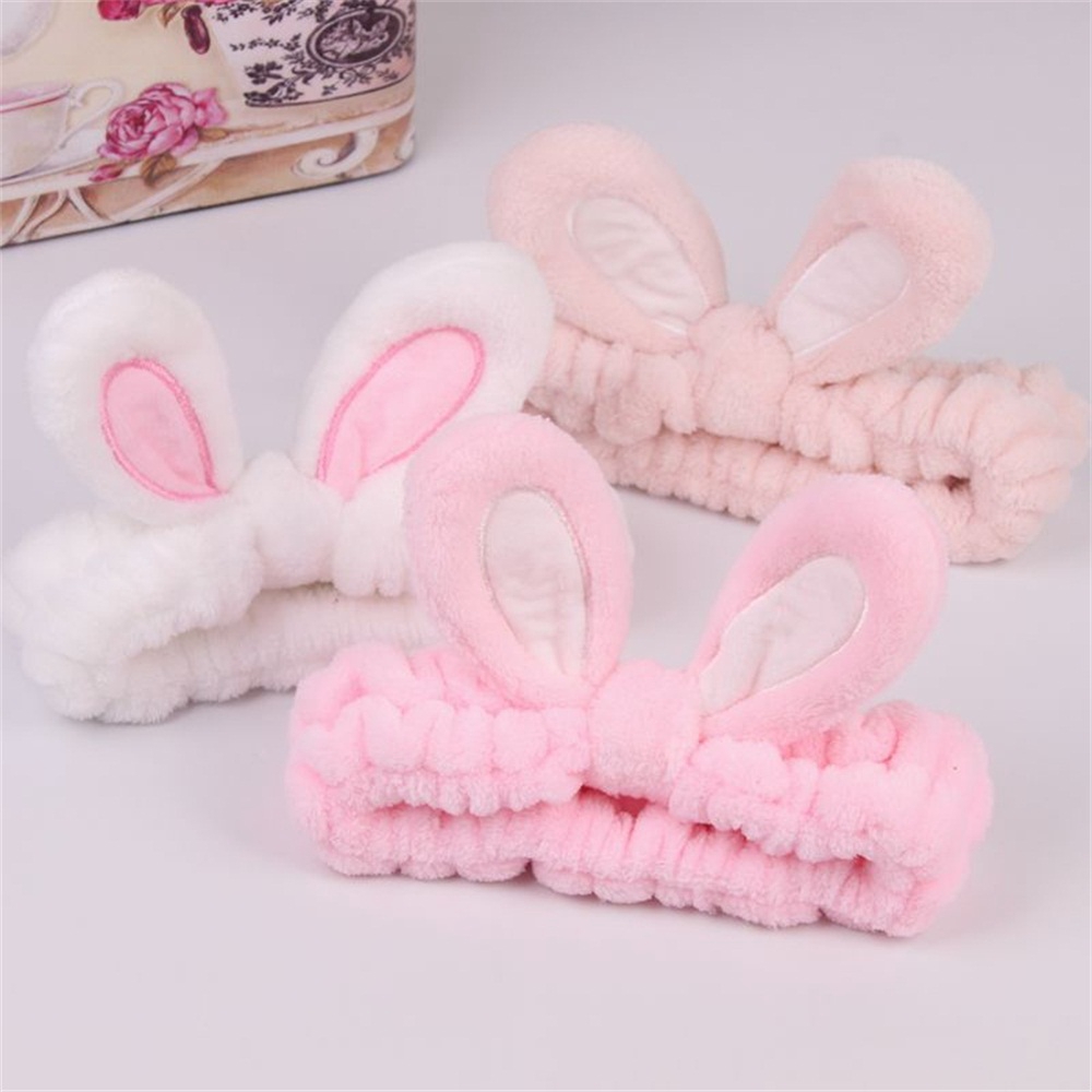 Băng đô thiết kế hình tai thỏ co giãn mềm mại hỗ trợ trang điểm tiện lợi dành cho nữ