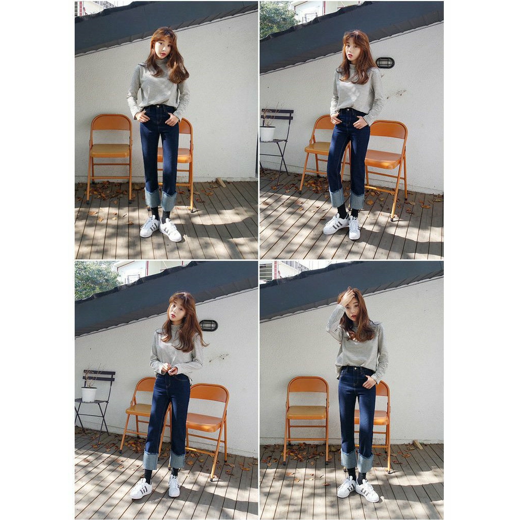 Women T-shirt Korean fashion High neck slim Keep warm Retro stripe Shirt | BigBuy360 - bigbuy360.vn