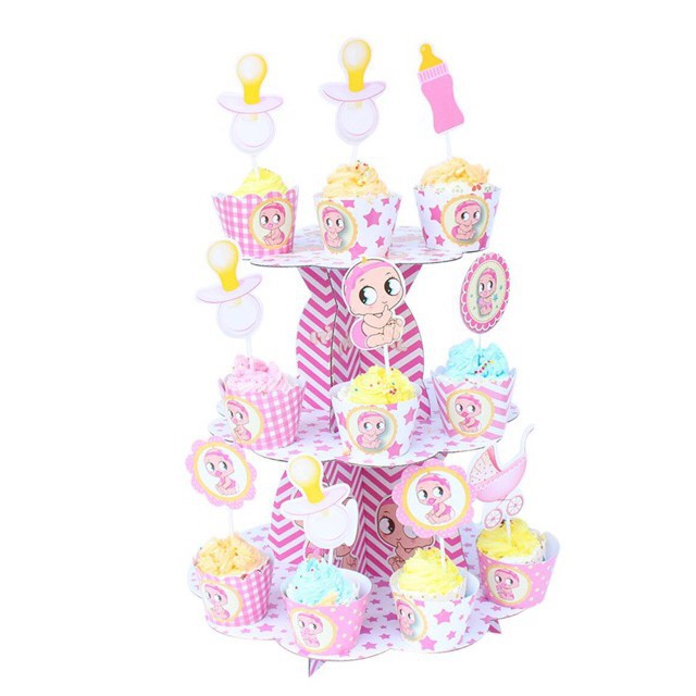 Tháp bánh 3 tầng , tem cắm + ly cupcake mẫu bé gái