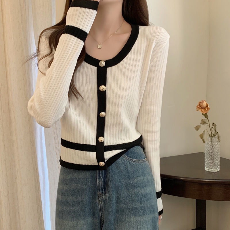 Áo Sweater Tay Dài Cổ Tròn Phối Màu Tương Phản Trẻ Trung Phong Cách Hàn Quốc