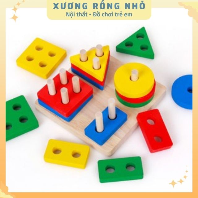Bộ thả hình khối 4 trụ, Đồ chơi gỗ thông minh cho bé, giáo cụ montessori - Xương Rồng Nhỏ